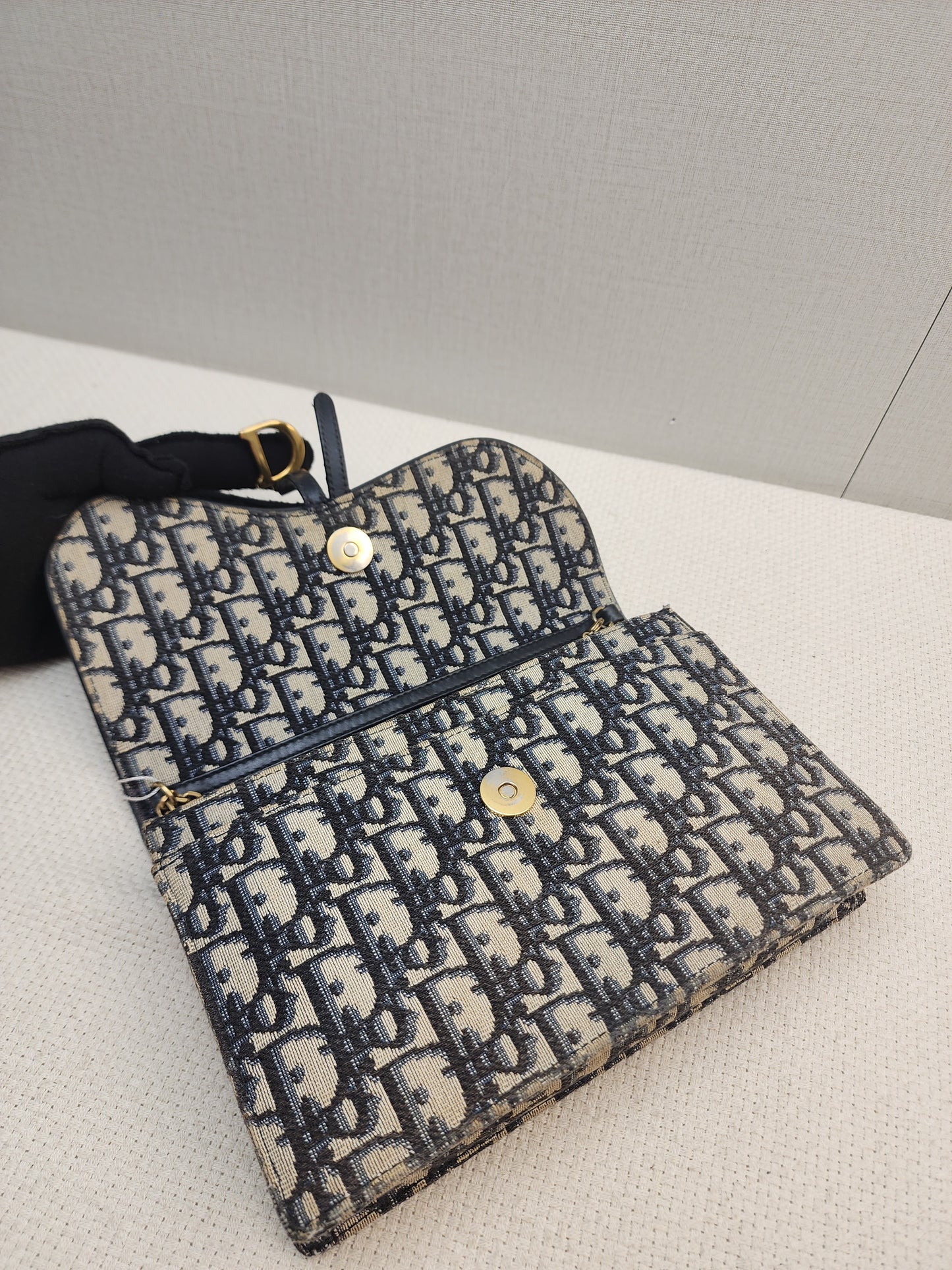 Dior Navy Oblique Large Saddle Pouch w Chain