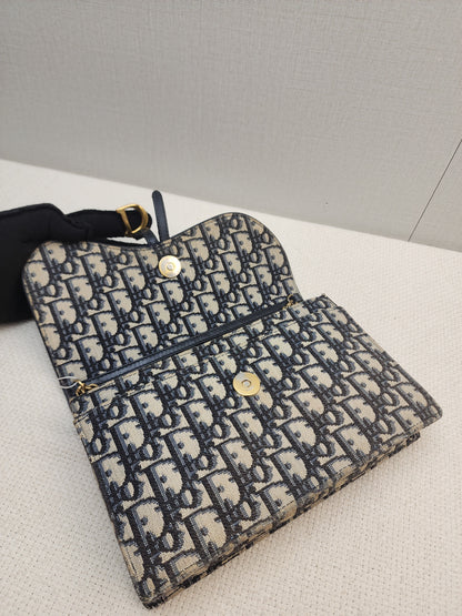 Dior Navy Oblique Large Saddle Pouch w Chain