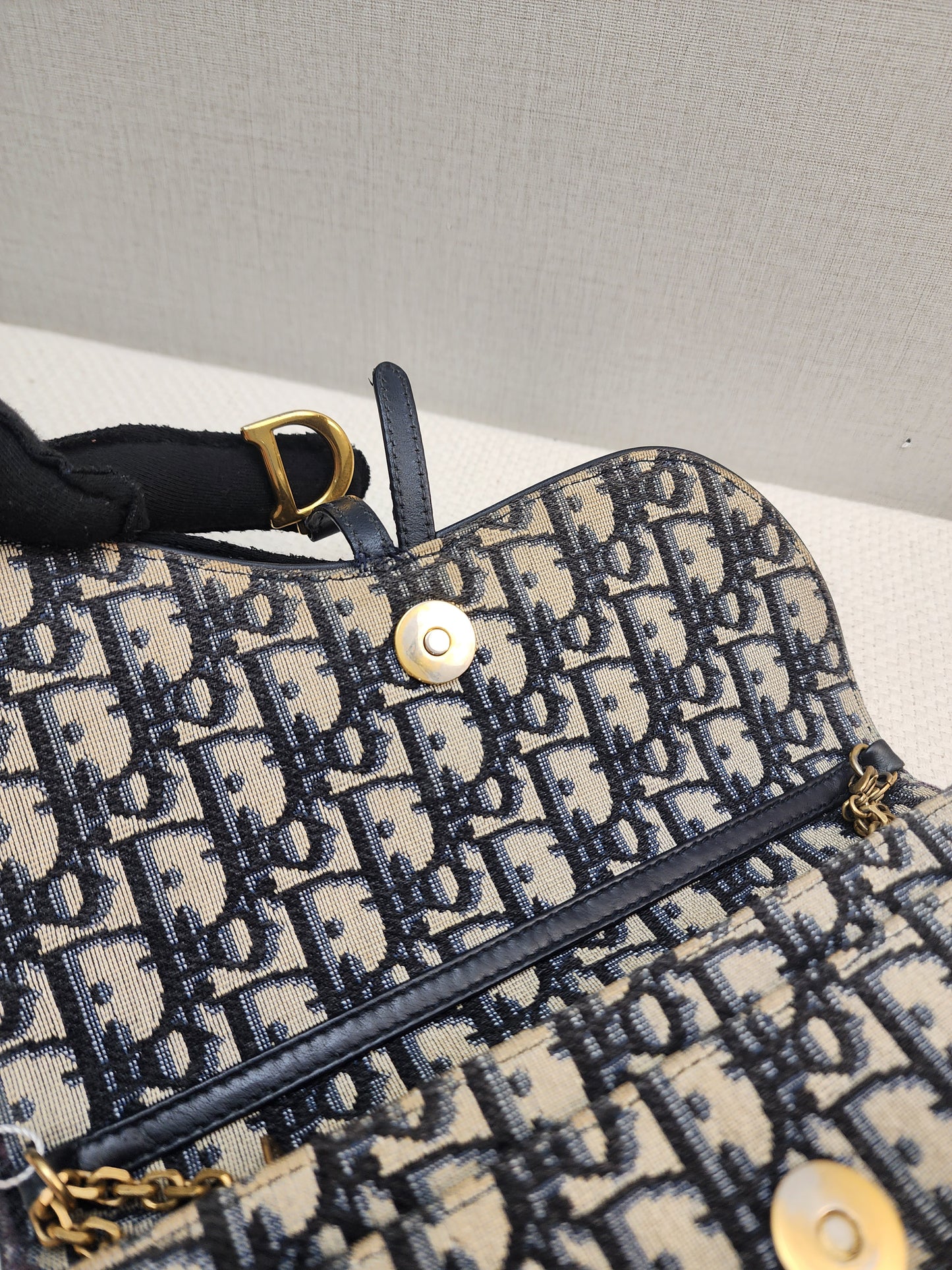 Dior Navy Oblique Large Saddle Pouch w Chain
