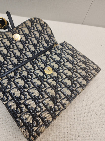 Dior Navy Oblique Large Saddle Pouch w Chain