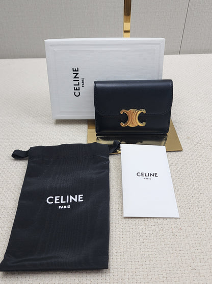Celine Black Box Calfskin Triomphe Card Holder w Flap