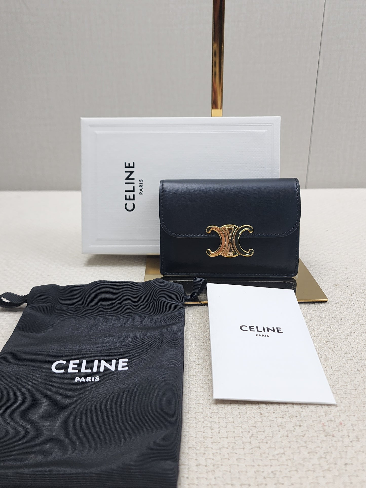 Celine Black Box Calfskin Triomphe Card Holder w Flap