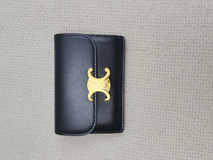 Celine Black Box Calfskin Triomphe Card Holder w Flap