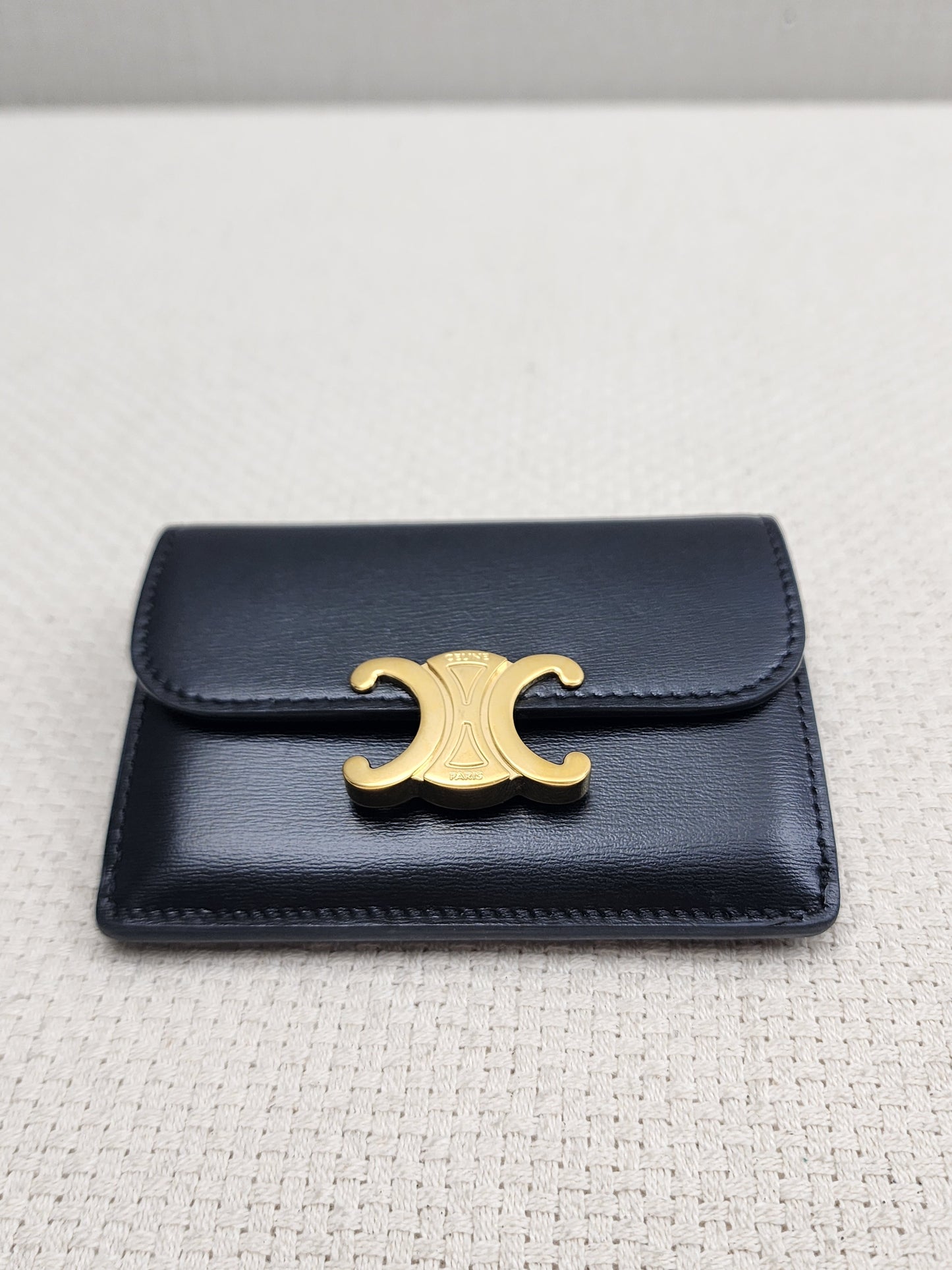 Celine Black Box Calfskin Triomphe Card Holder w Flap