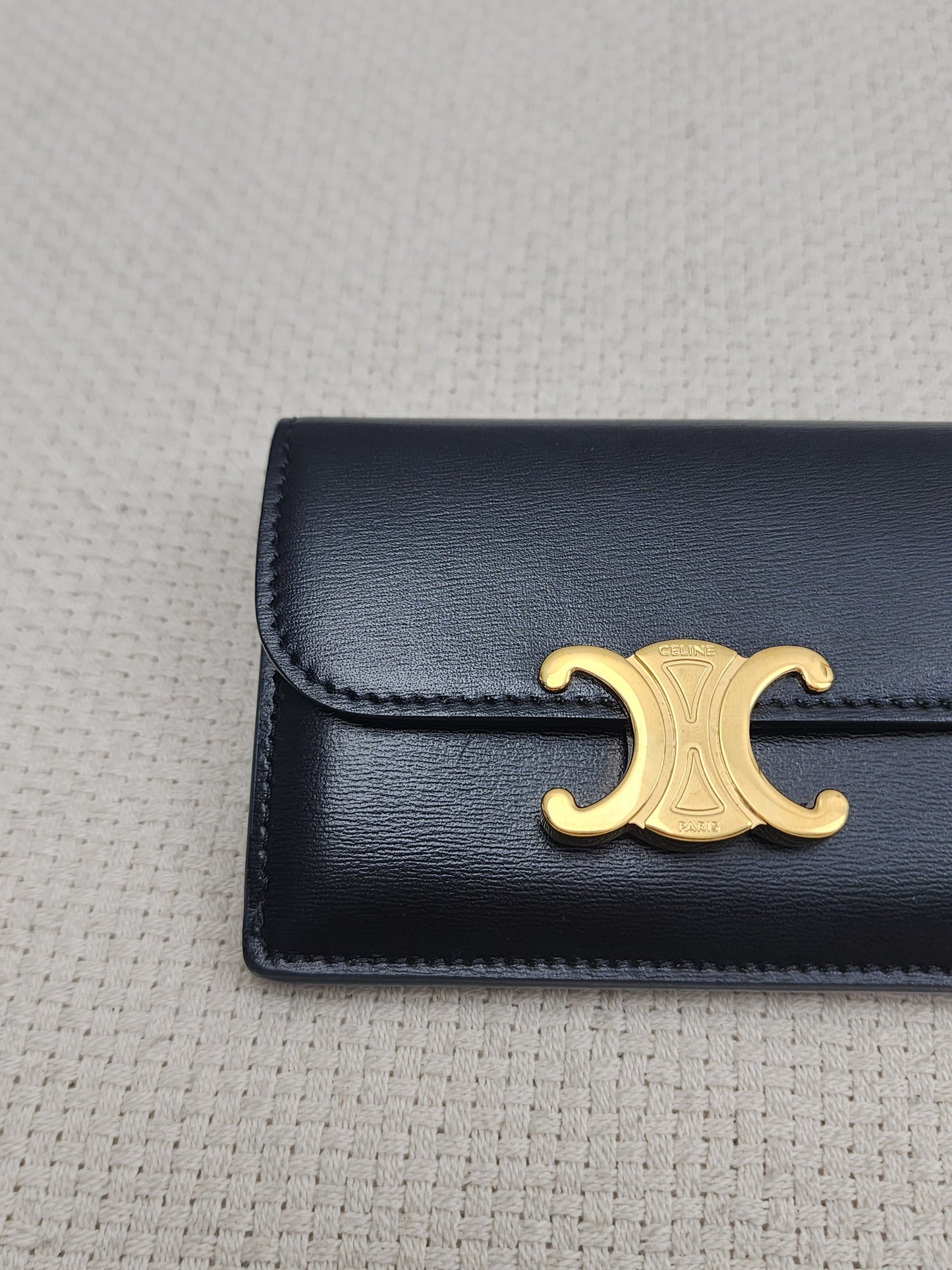Celine Black Box Calfskin Triomphe Card Holder w Flap