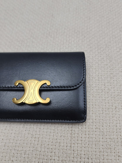 Celine Black Box Calfskin Triomphe Card Holder w Flap