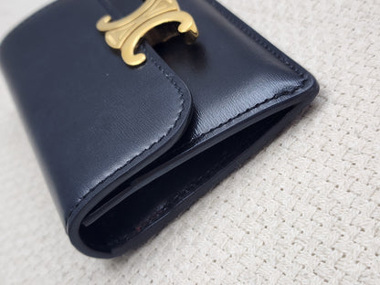 Celine Black Box Calfskin Triomphe Card Holder w Flap