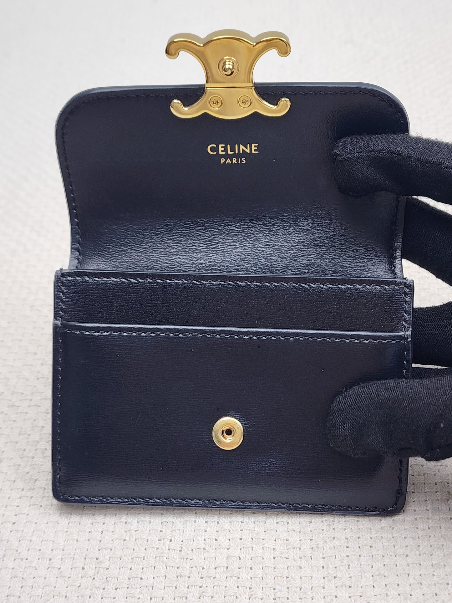 Celine Black Box Calfskin Triomphe Card Holder w Flap