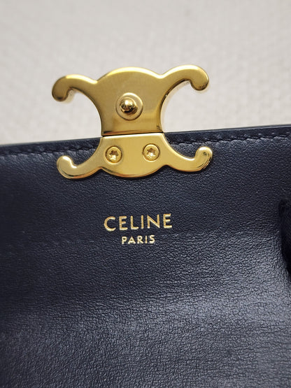 Celine Black Box Calfskin Triomphe Card Holder w Flap