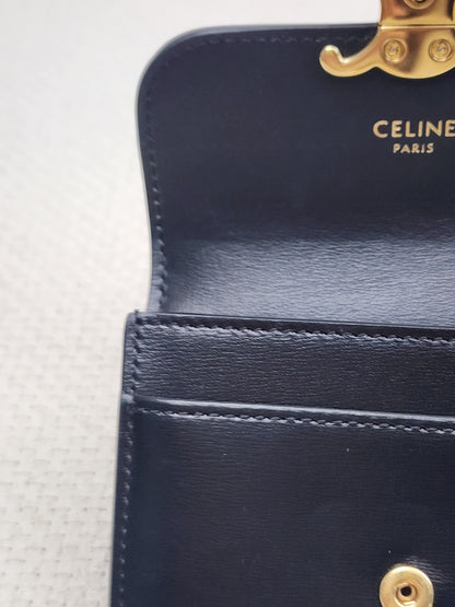 Celine Black Box Calfskin Triomphe Card Holder w Flap