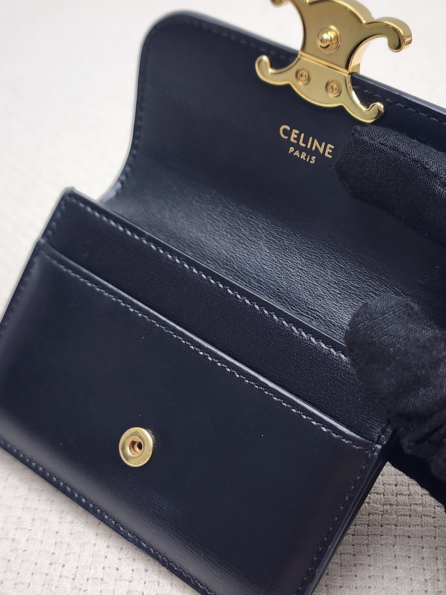 Celine Black Box Calfskin Triomphe Card Holder w Flap