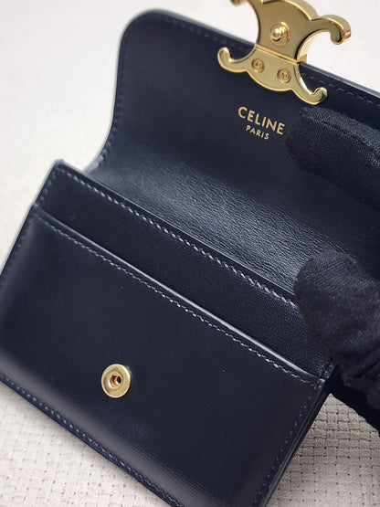 Celine Black Box Calfskin Triomphe Card Holder w Flap