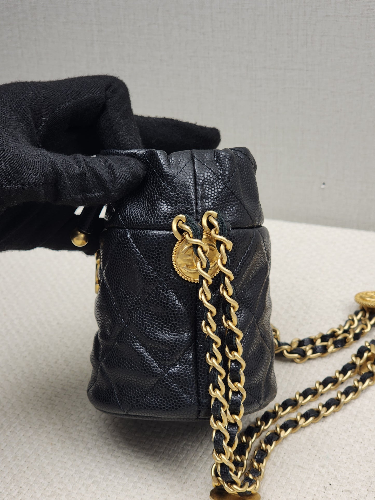 Chanel Black Caviar 22A Thist Your Button Micro Bucket