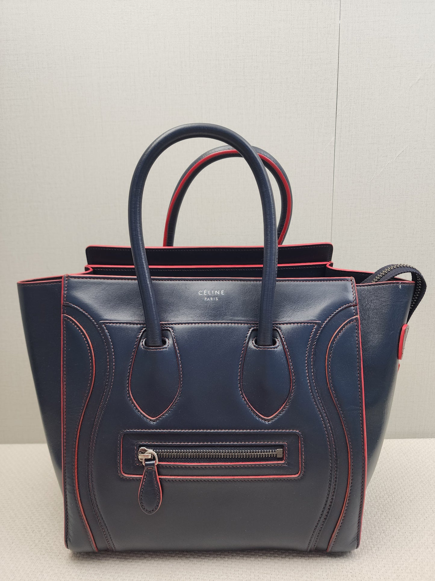 Celine Navy Red Micro Calfskin Luggage Shopper Tote