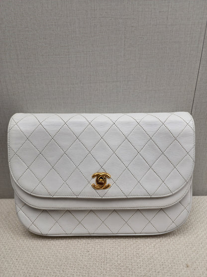 Chanel White Lambskin Vintage Half Moon Double Flap (GHW)