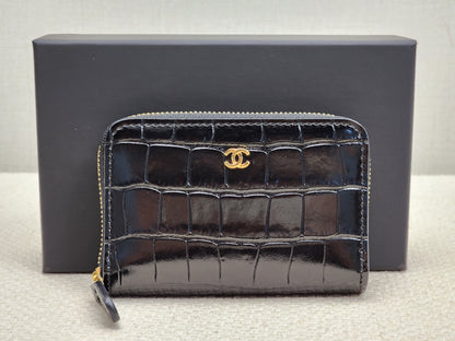 Chanel Black Croc Embossed Zippy Card Holder (GHW)