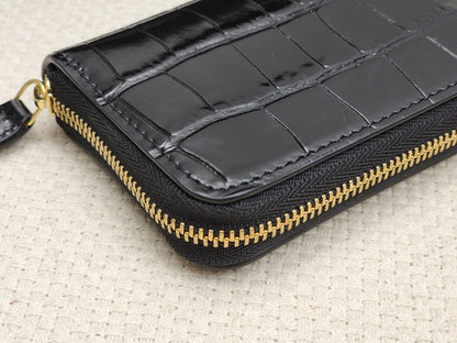 Chanel Black Croc Embossed Zippy Card Holder (GHW)
