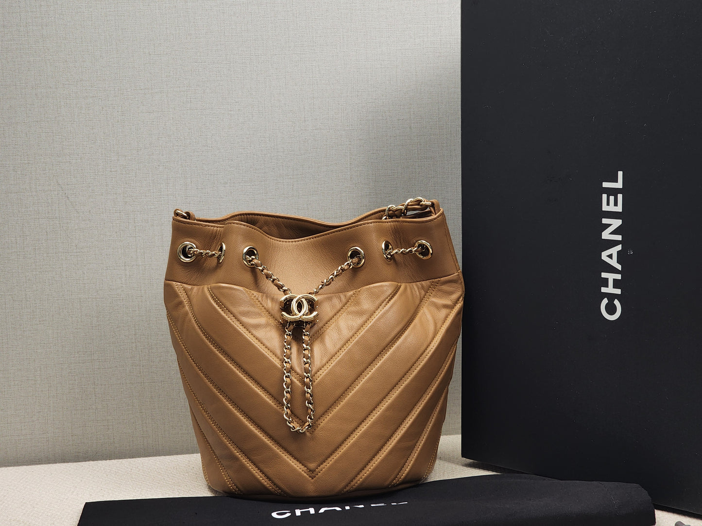 Chanel Caramel Brown Lambskin Small Chevron Bucket Drawstring Bag (LGHW)