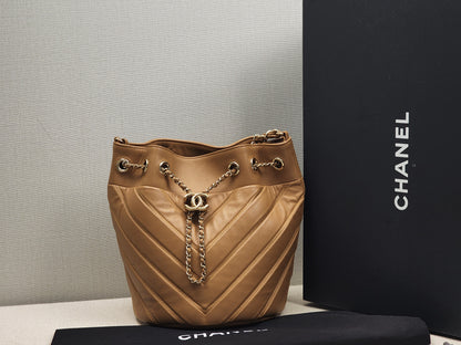 Chanel Caramel Brown Lambskin Small Chevron Bucket Drawstring Bag (LGHW)
