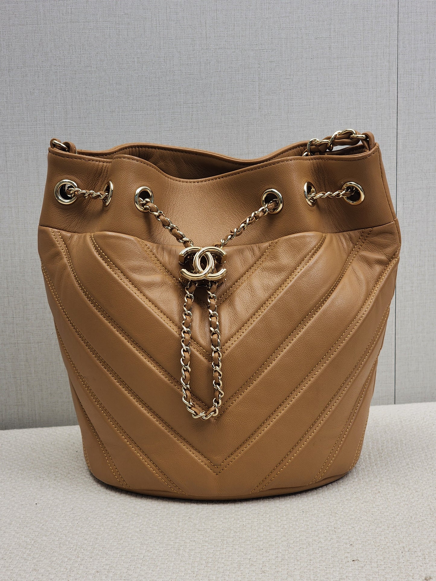 Chanel Caramel Brown Lambskin Small Chevron Bucket Drawstring Bag (LGHW)