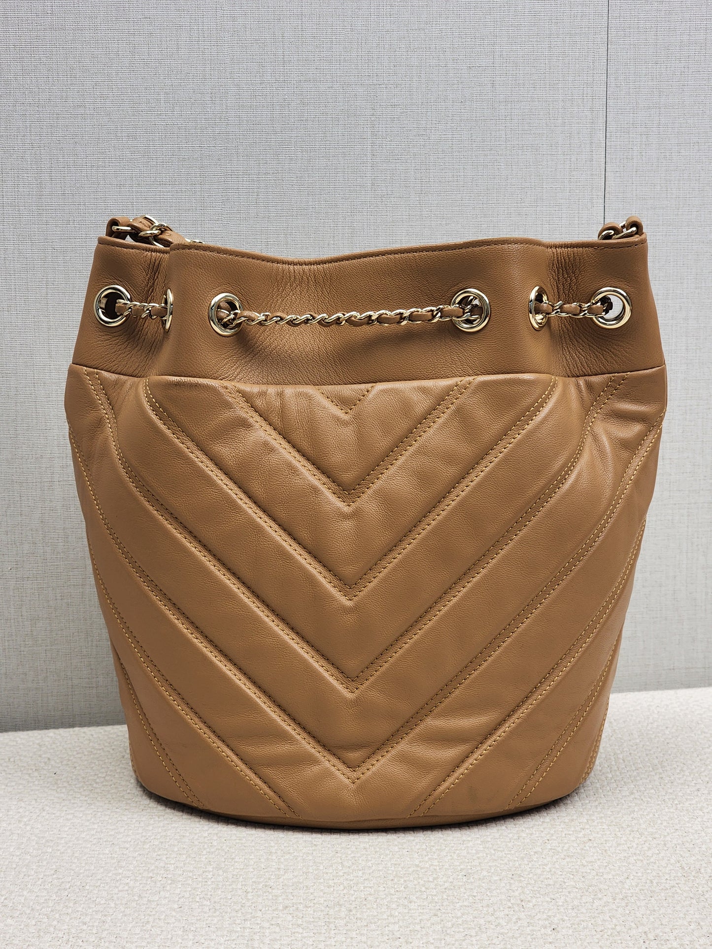 Chanel Caramel Brown Lambskin Small Chevron Bucket Drawstring Bag (LGHW)