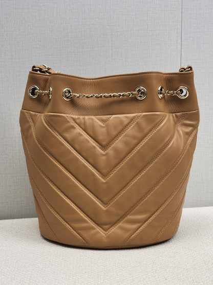 Chanel Caramel Brown Lambskin Small Chevron Bucket Drawstring Bag (LGHW)