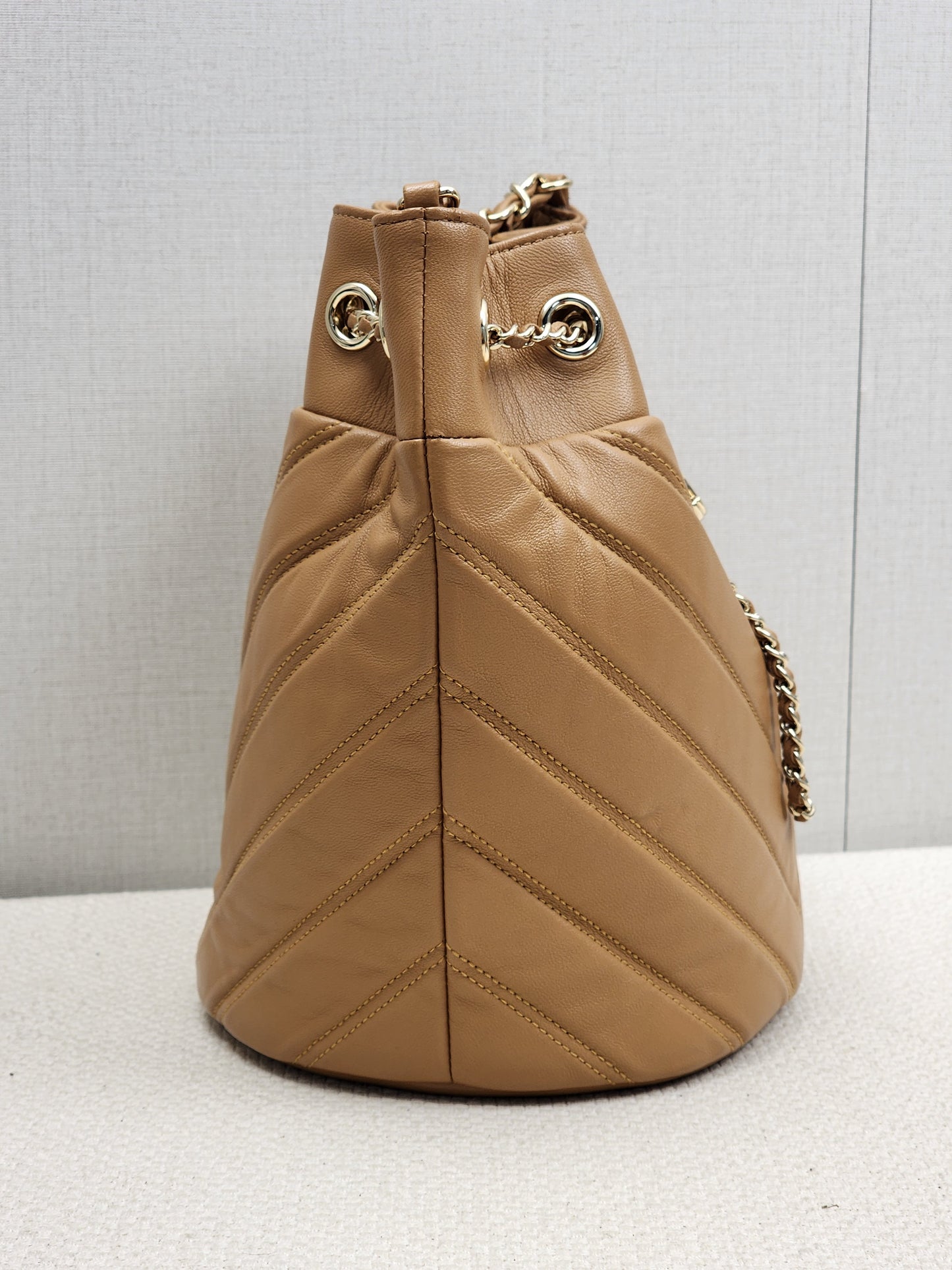 Chanel Caramel Brown Lambskin Small Chevron Bucket Drawstring Bag (LGHW)