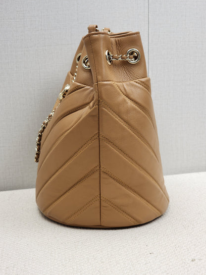 Chanel Caramel Brown Lambskin Small Chevron Bucket Drawstring Bag (LGHW)