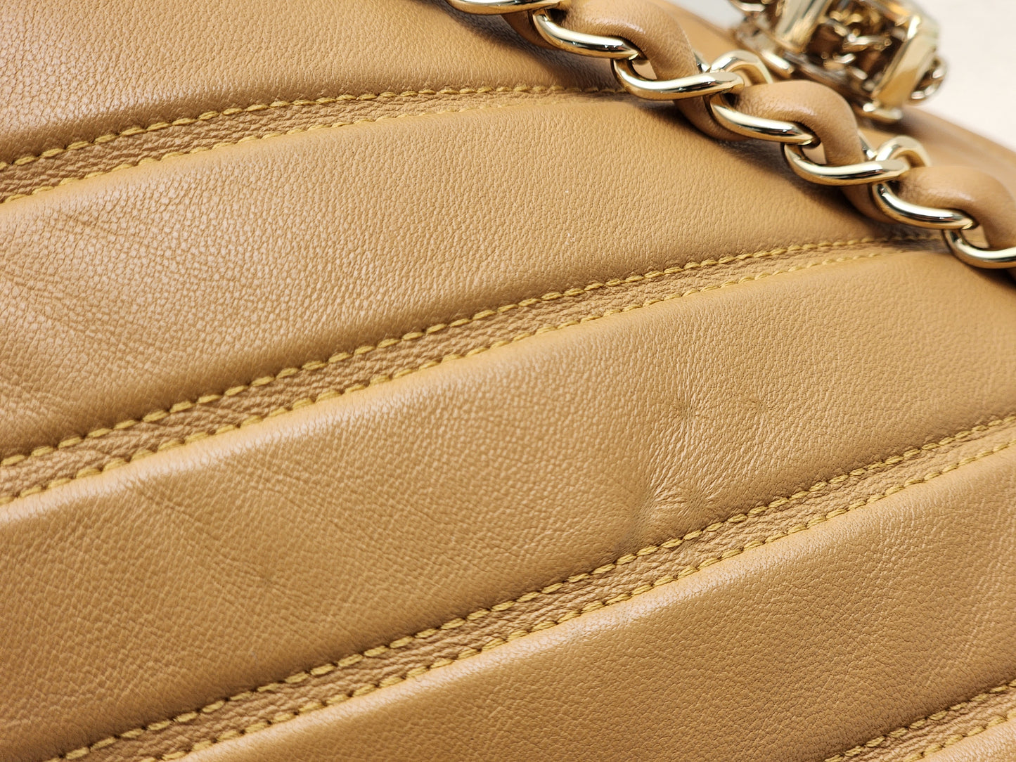 Chanel Caramel Brown Lambskin Small Chevron Bucket Drawstring Bag (LGHW)