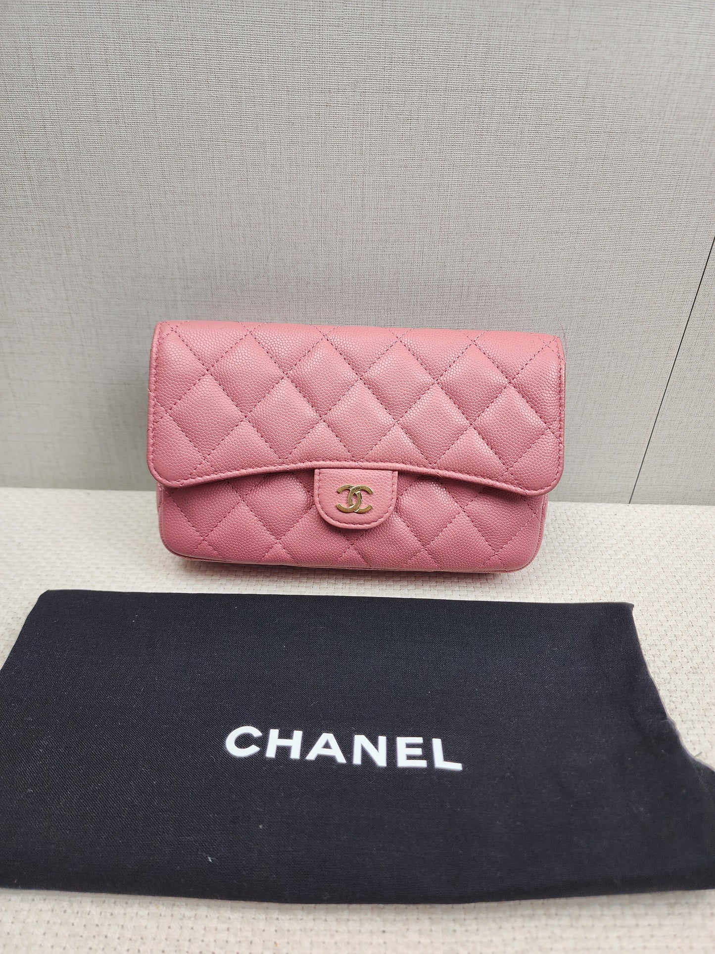 Chanel Pink Caviar Flap Phone Holder w Chain (LGHW)