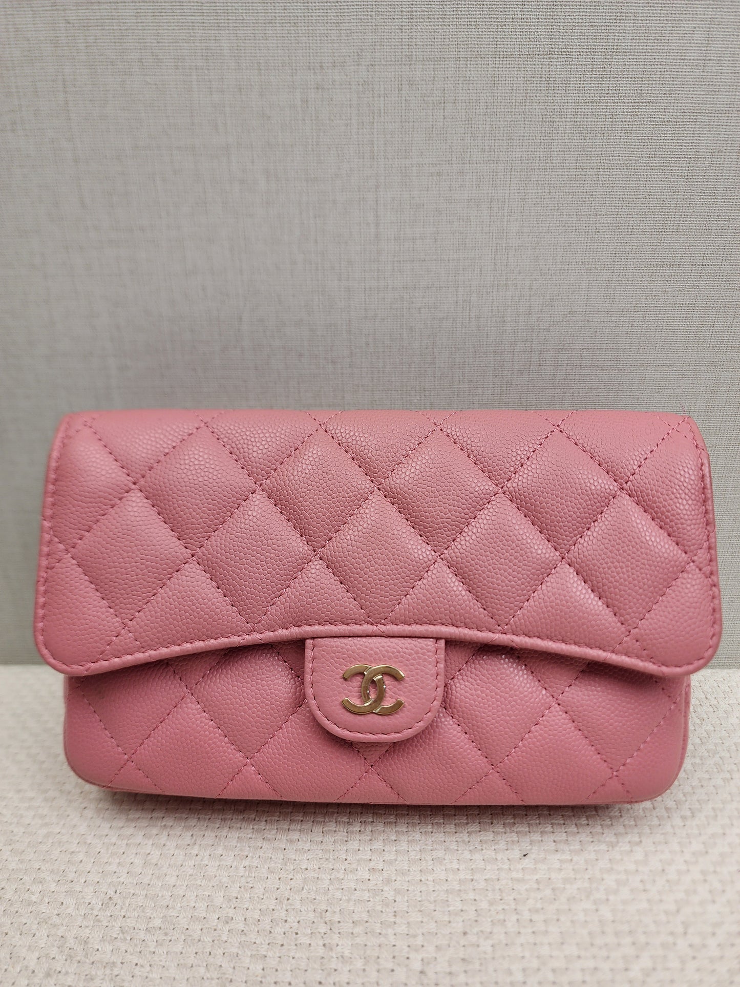 Chanel Pink Caviar Flap Phone Holder w Chain (LGHW)