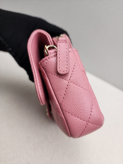 Chanel Pink Caviar Flap Phone Holder w Chain (LGHW)