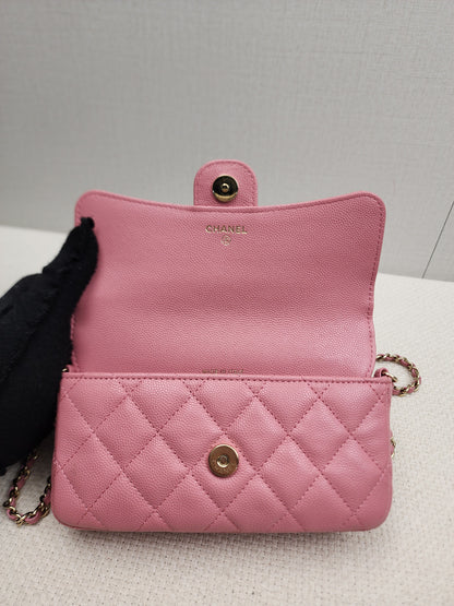 Chanel Pink Caviar Flap Phone Holder w Chain (LGHW)