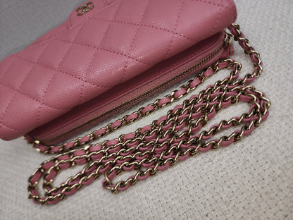 Chanel Pink Caviar Flap Phone Holder w Chain (LGHW)
