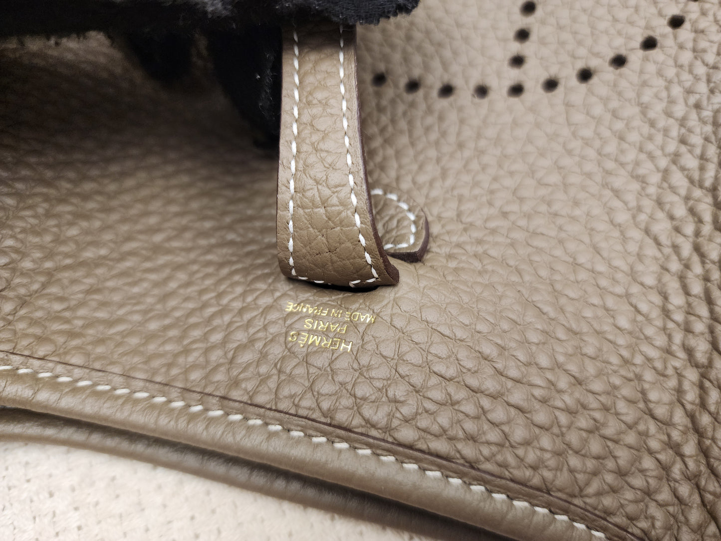Hermes Etoupe x Bleu Indigo Mini Evelyne (GHW)