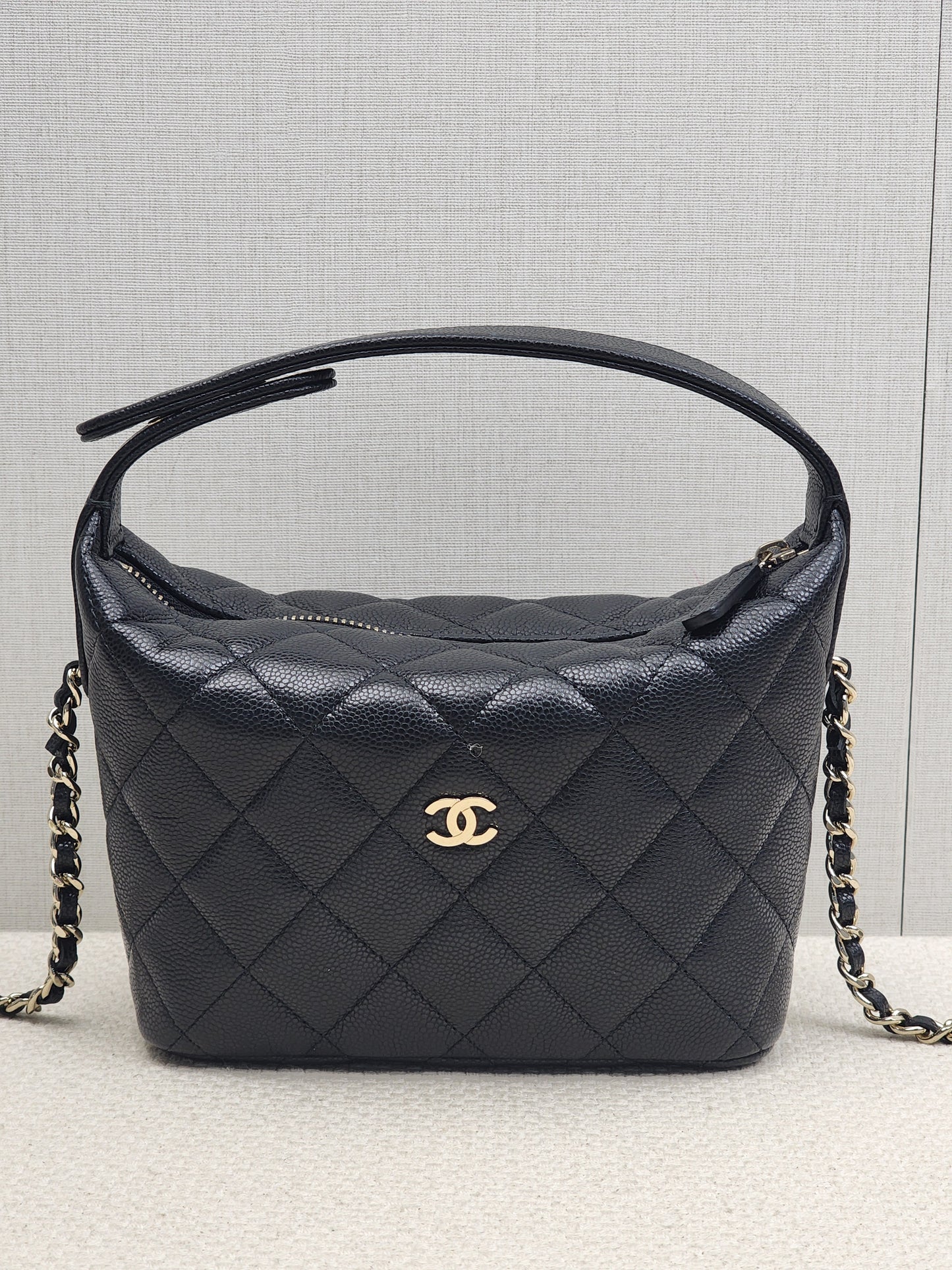 Chanel Black Caviar Mini Hobo Clutch w Chain (GHW)