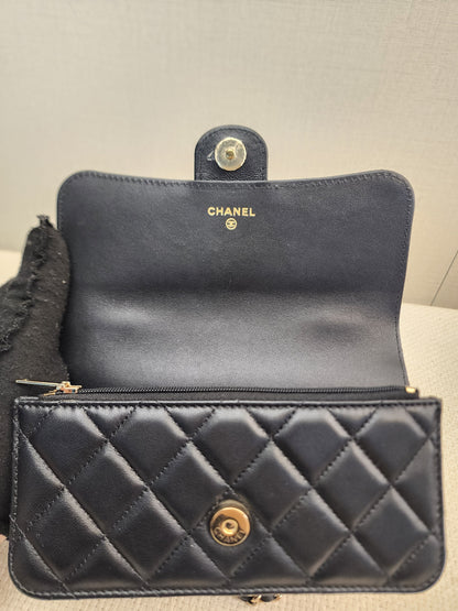 Chanel Black Lambskin Classic Phone Holder with Chain (LGHW)