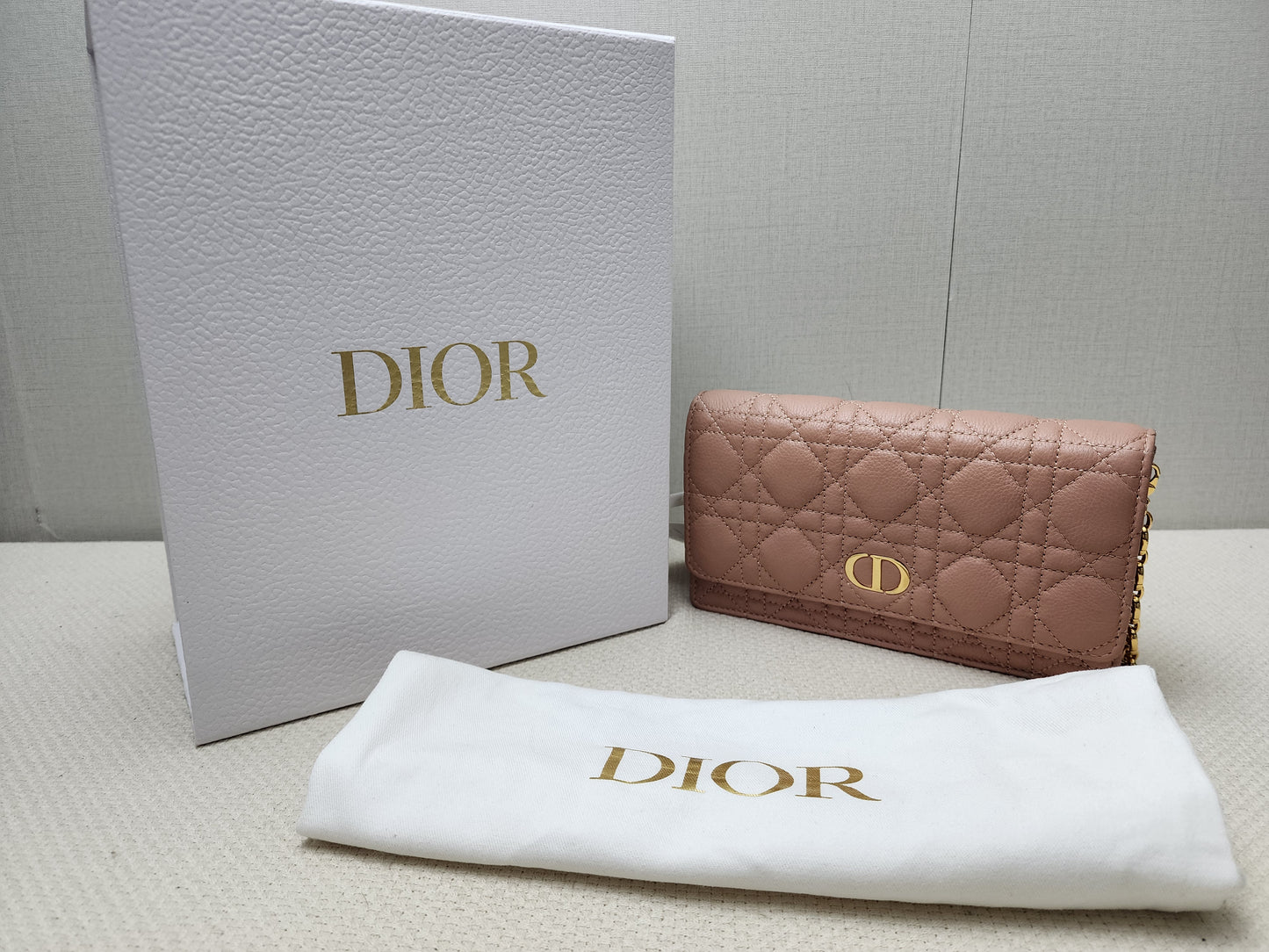 Dior Powder Beige Calfskin Caro Pouch w Chain (GHW)