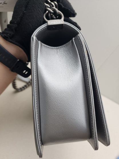 Chanel Metallic Silver Caviar New Medium Boy (RHW)