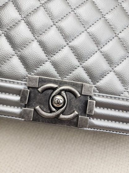 Chanel Metallic Silver Caviar New Medium Boy (RHW)