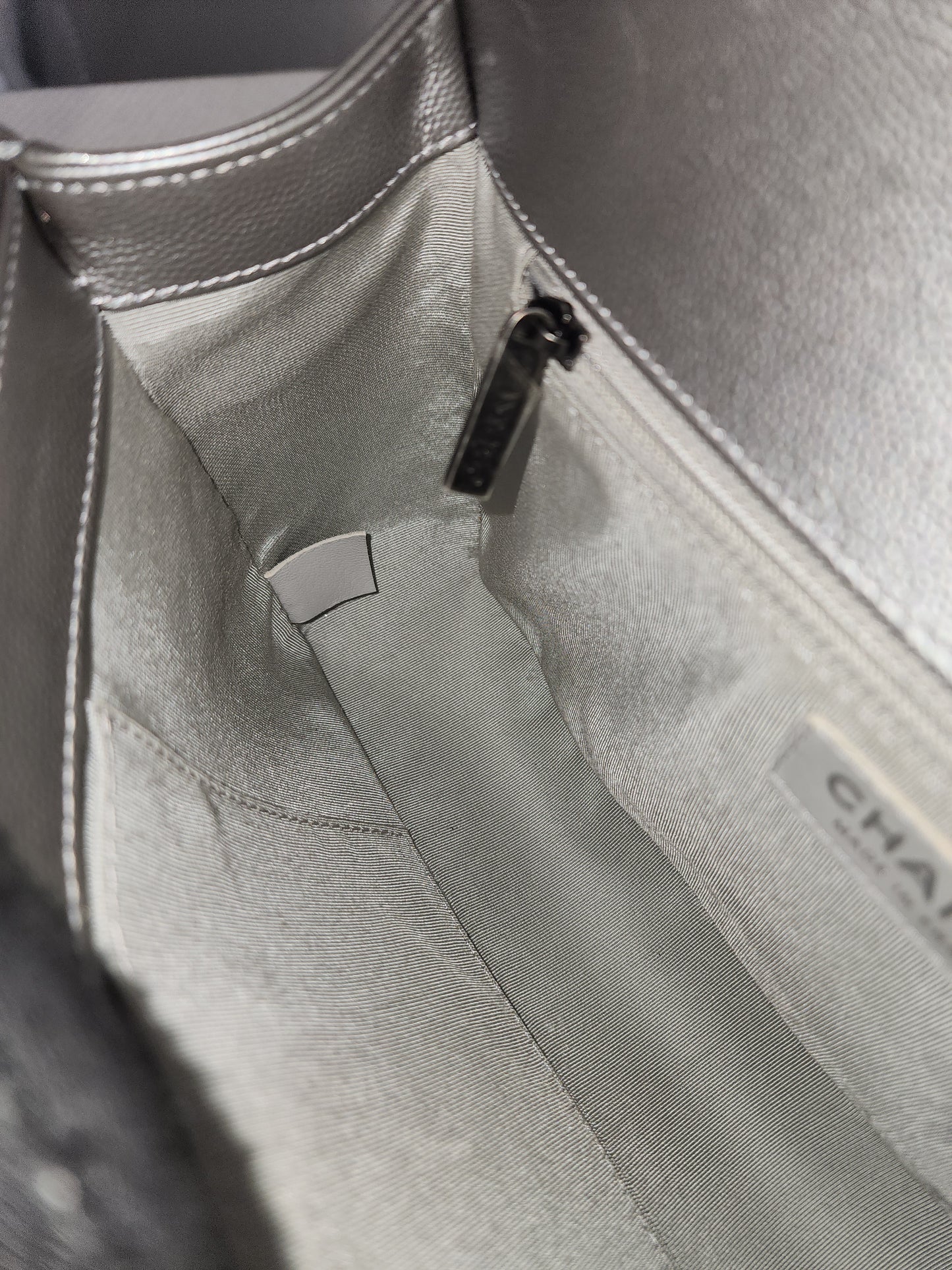 Chanel Metallic Silver Caviar New Medium Boy (RHW)