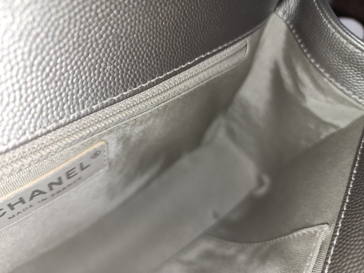 Chanel Metallic Silver Caviar New Medium Boy (RHW)