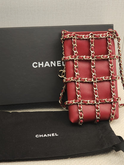 Chanel Red Lambskin Tech Me Out Phone Holder with Chain (LGHW)