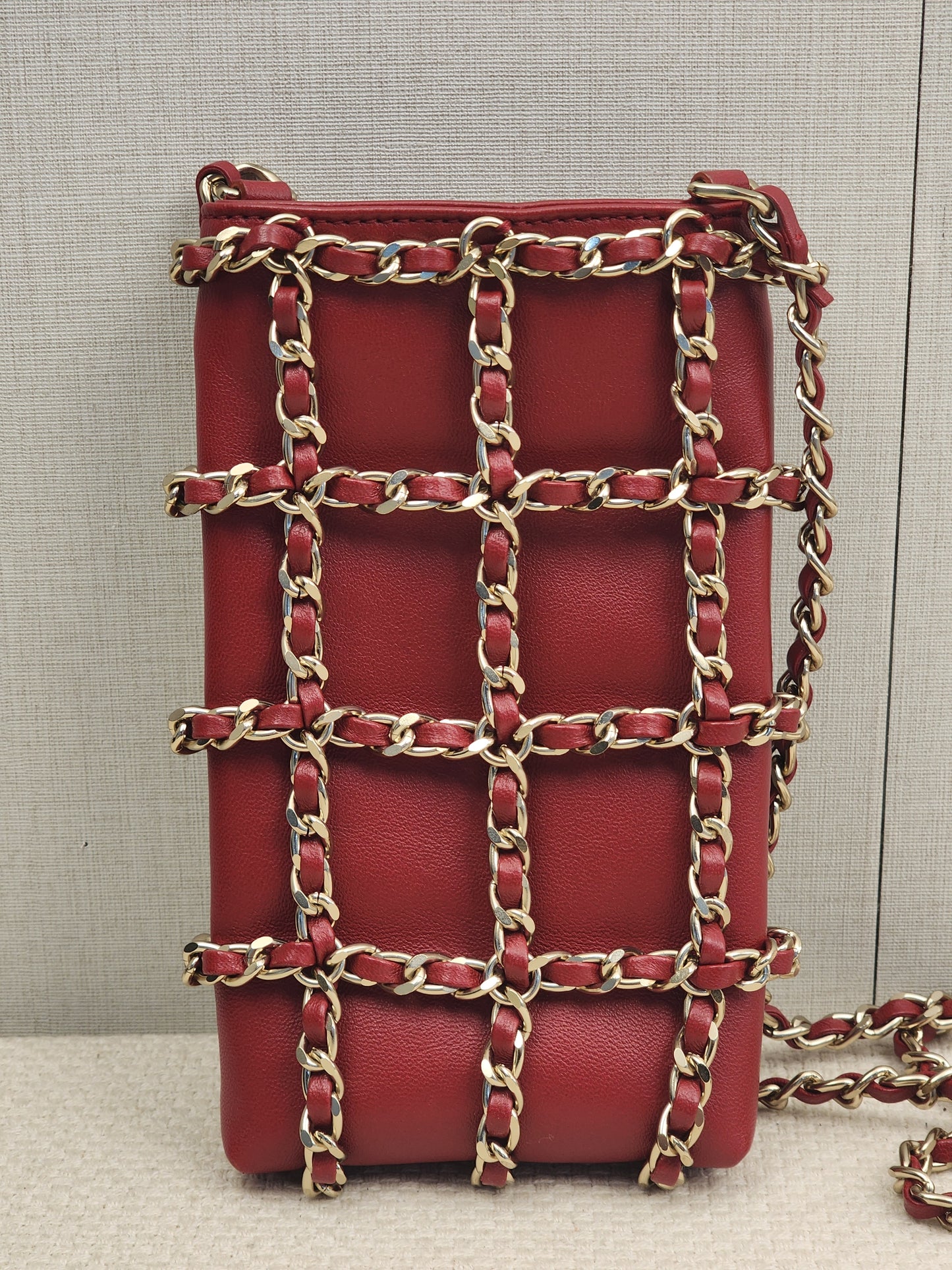 Chanel Red Lambskin Tech Me Out Phone Holder with Chain (LGHW)