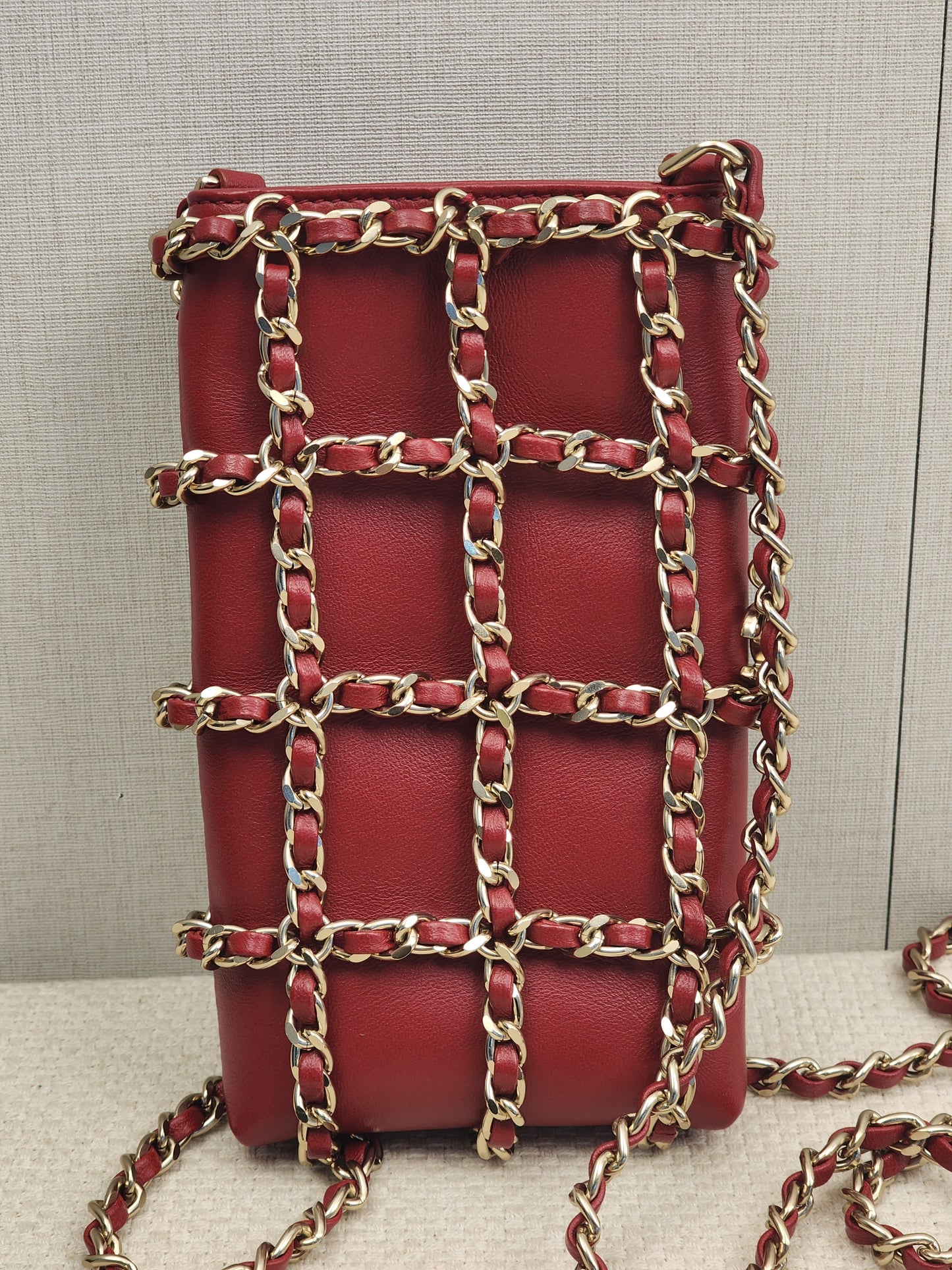Chanel Red Lambskin Tech Me Out Phone Holder with Chain (LGHW)