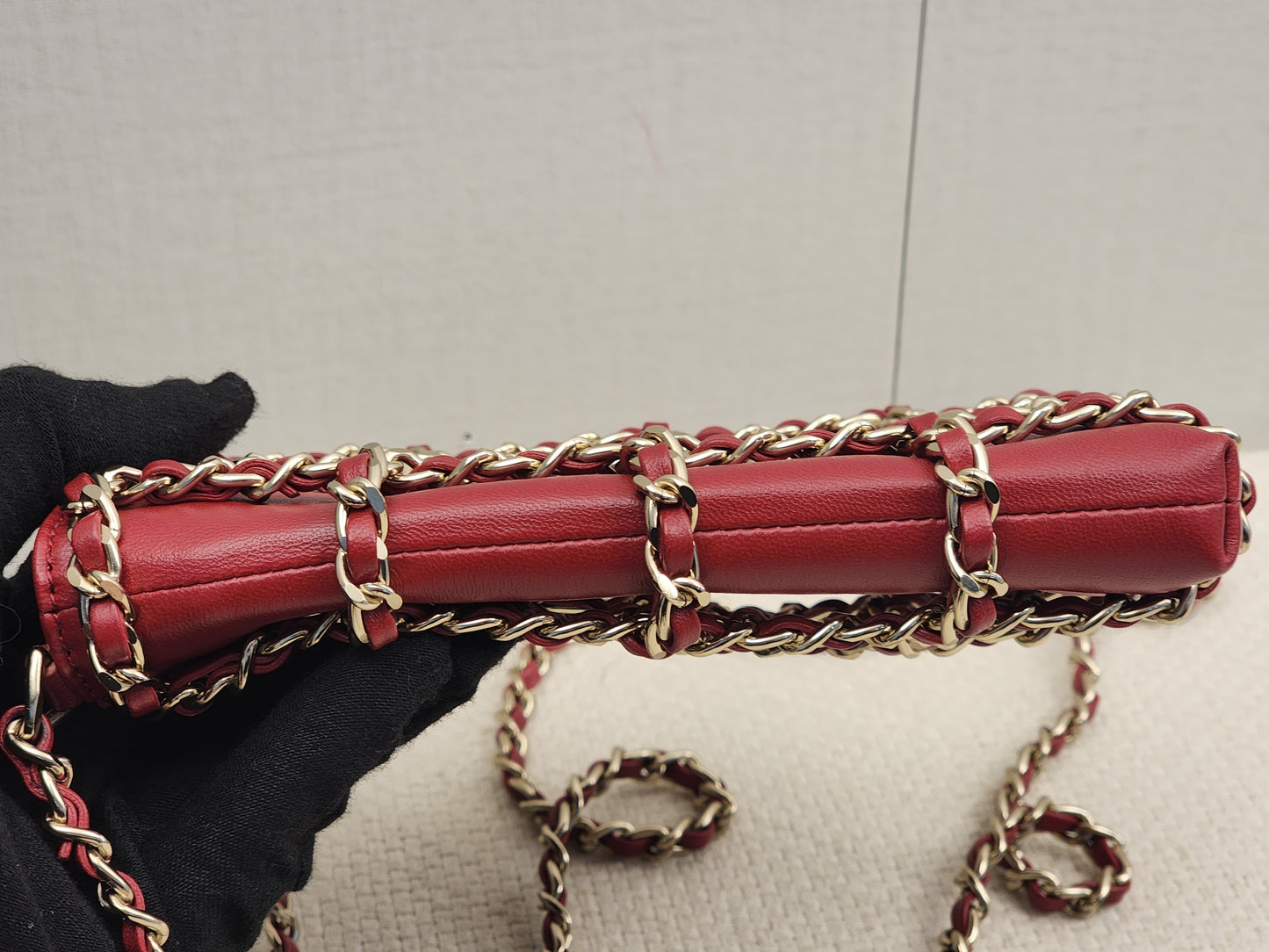 Chanel Red Lambskin Tech Me Out Phone Holder with Chain (LGHW)