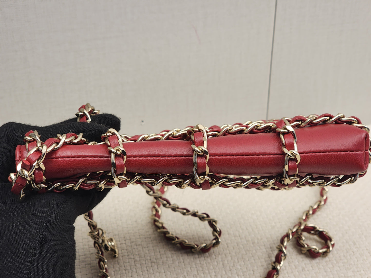 Chanel Red Lambskin Tech Me Out Phone Holder with Chain (LGHW)