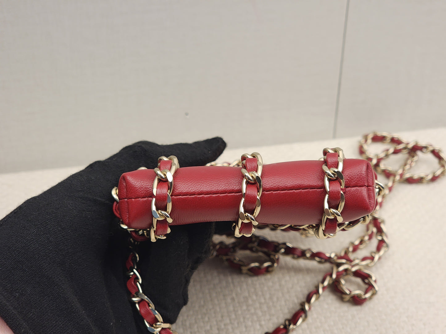 Chanel Red Lambskin Tech Me Out Phone Holder with Chain (LGHW)