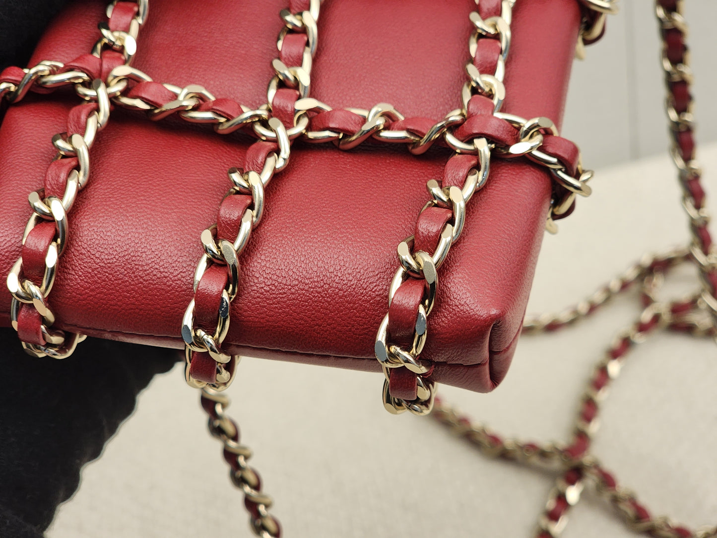 Chanel Red Lambskin Tech Me Out Phone Holder with Chain (LGHW)