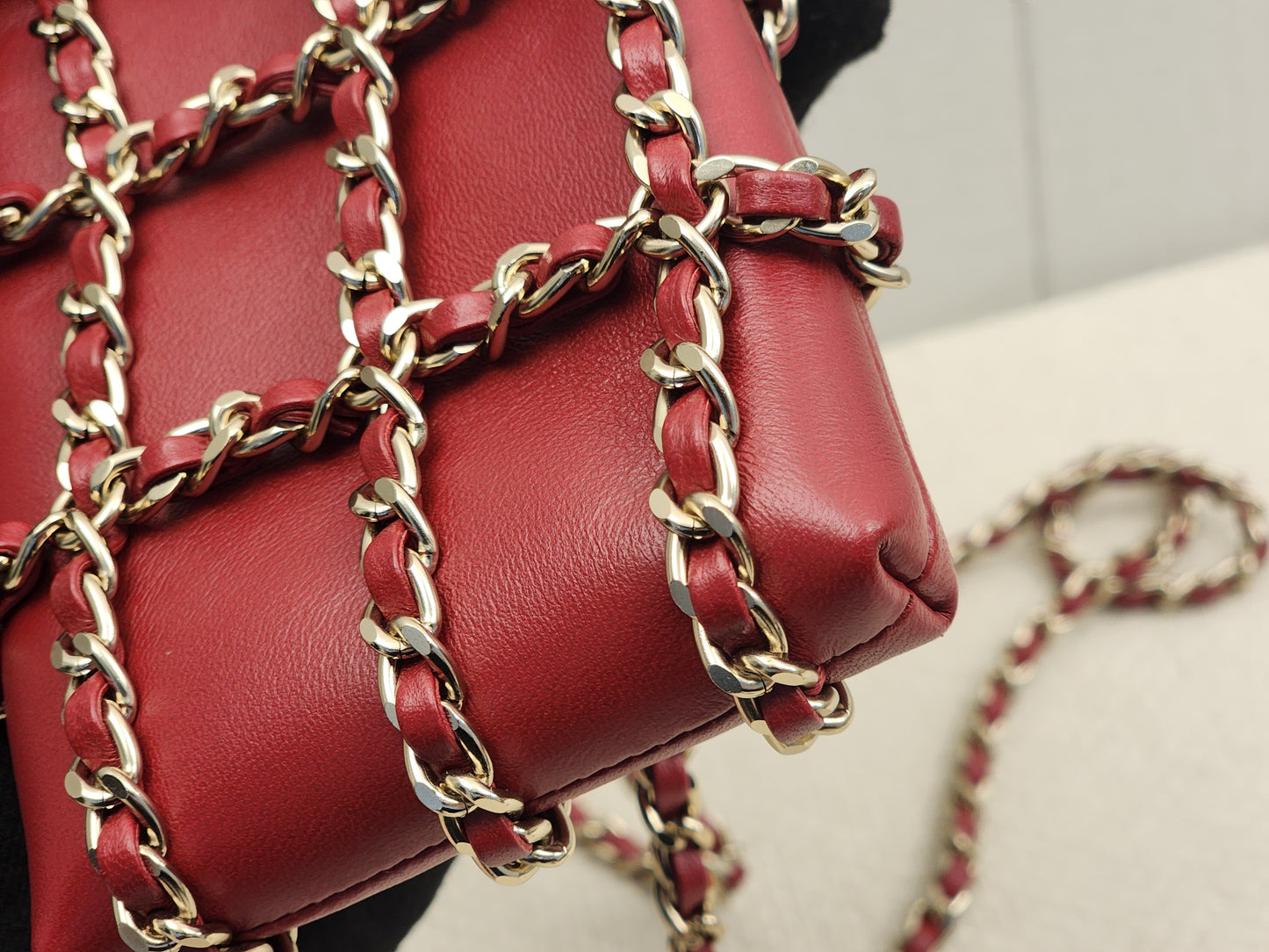 Chanel Red Lambskin Tech Me Out Phone Holder with Chain (LGHW)